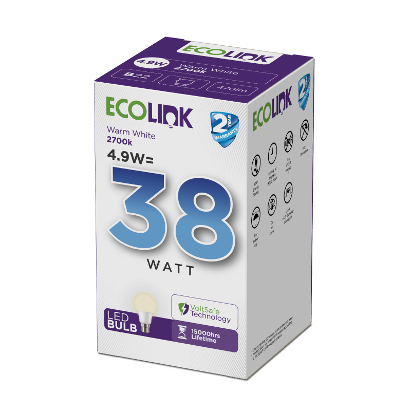 Ecolink B22 LED Bulb 4.9W warm white 2700K 470lm 12 pack EC002